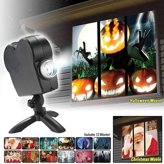 Christmas Halloween Window Projector Lamp Display Screen Outdoor Holiday Led Holographic Projection Lamp Cartoon Movie Home Deco